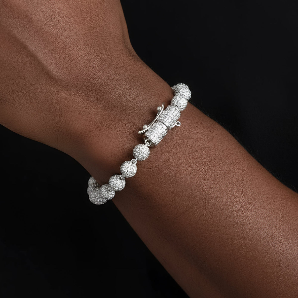 7mm Bead Ball VVS D Moissanite Bracelet – 925 Sterling Silver, 14K White Gold Finish, view 2