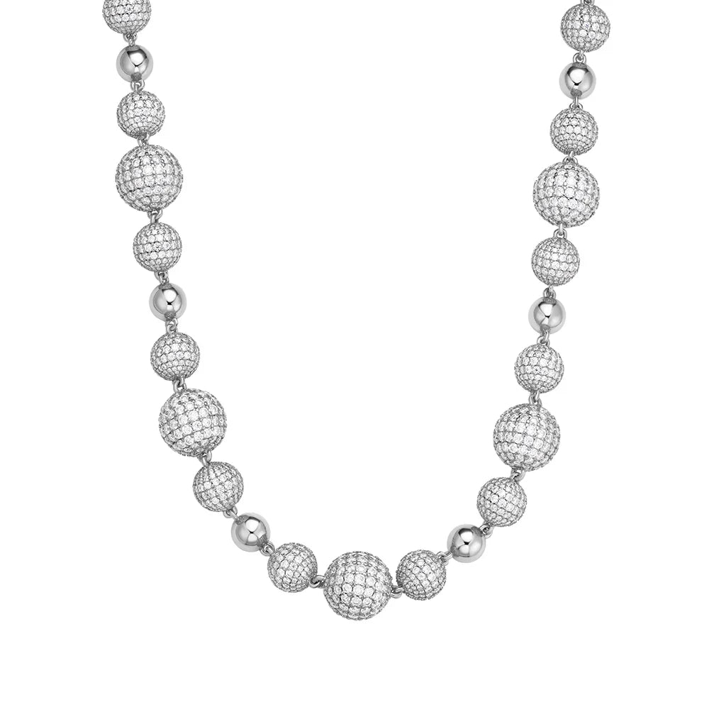 15mm 3D Bead Ball VVS D Moissanite Chain – 925 Sterling Silver, 14K White Gold Finish