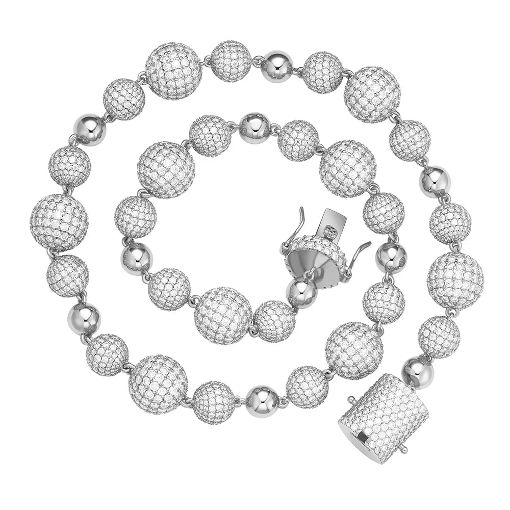 15mm 3D Bead Ball VVS D Moissanite Chain – 925 Sterling Silver, 14K White Gold Finish, view 2