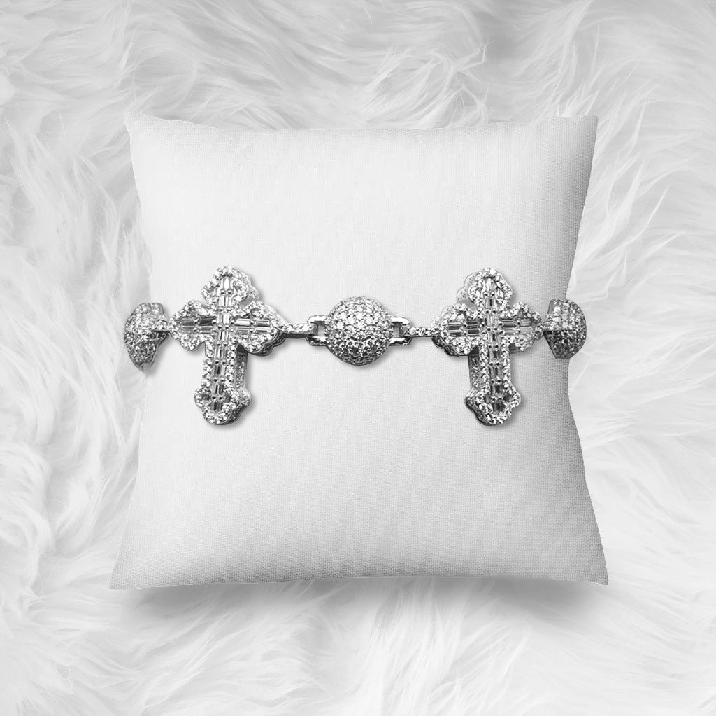 Bead Ball Cross VVS D Moissanite Bracelet – 925 Sterling Silver, 14K White Gold Finish