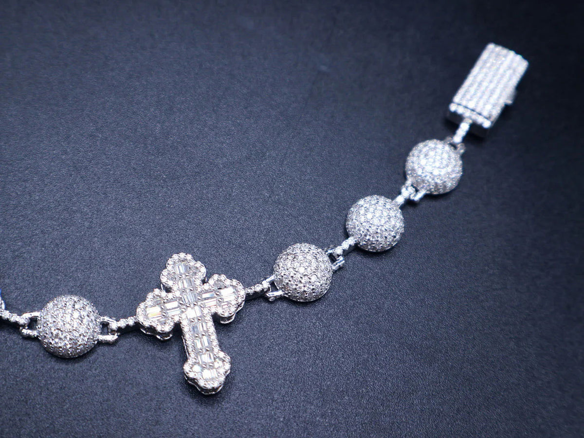 Bead Ball Cross VVS D Moissanite Bracelet – 925 Sterling Silver, 14K White Gold Finish, view 4