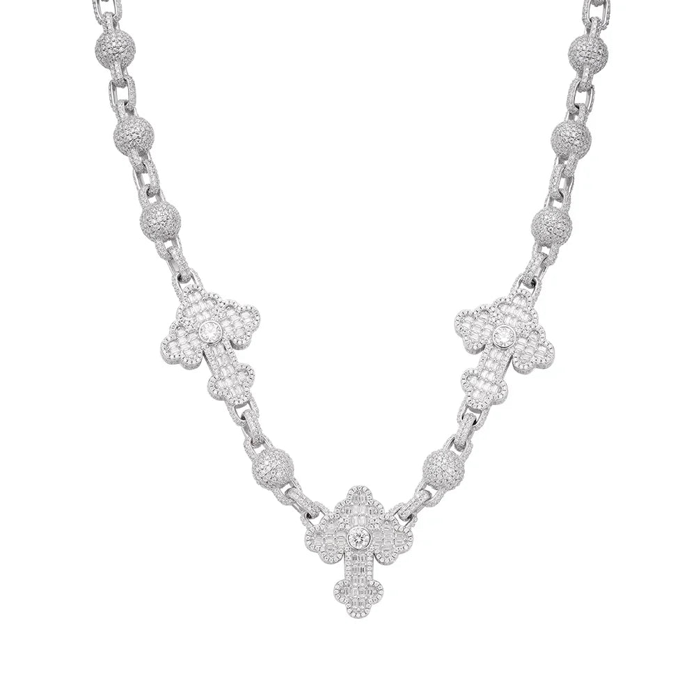 Bead Cross Rosary Baguette Moissanite Chain – 925 Sterling Silver, 14K White Gold Finish