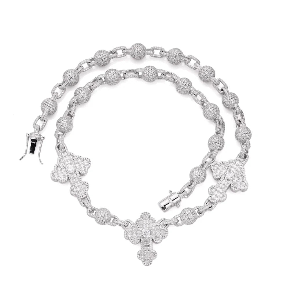 Bead Cross Rosary Baguette Moissanite Chain – 925 Sterling Silver, 14K White Gold Finish, view 2