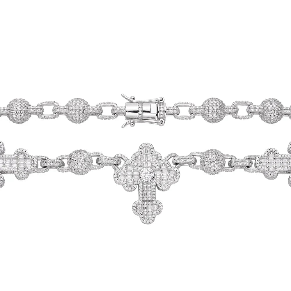 Bead Cross Rosary Baguette Moissanite Chain – 925 Sterling Silver, 14K White Gold Finish, view 3