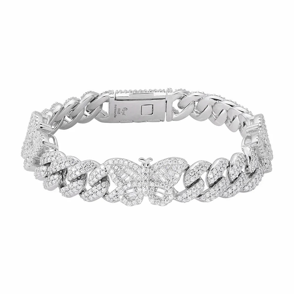 Women's 12mm Butterfly Cuban Link VVS D Moissanite Bracelet – 925 Sterling Silver, 14K White Gold Finish