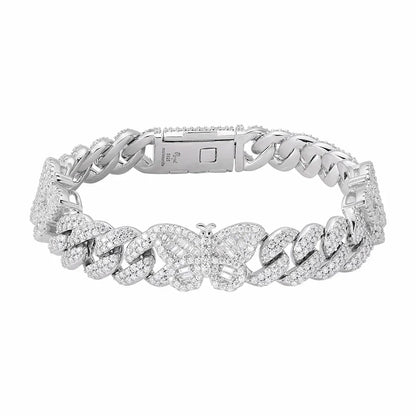 Women's 12mm Butterfly Cuban Link VVS D Moissanite Bracelet – 925 Sterling Silver, 14K White Gold Finish