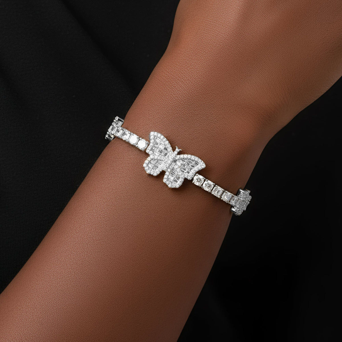 3mm Baguette Tennis Butterfly VVS D Moissanite Bracelet – 925 Sterling Silver, 14K White Gold Finish, view 2