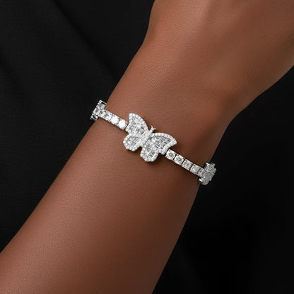 3mm Baguette Tennis Butterfly VVS D Moissanite Bracelet – 925 Sterling Silver, 14K White Gold Finish, view 2