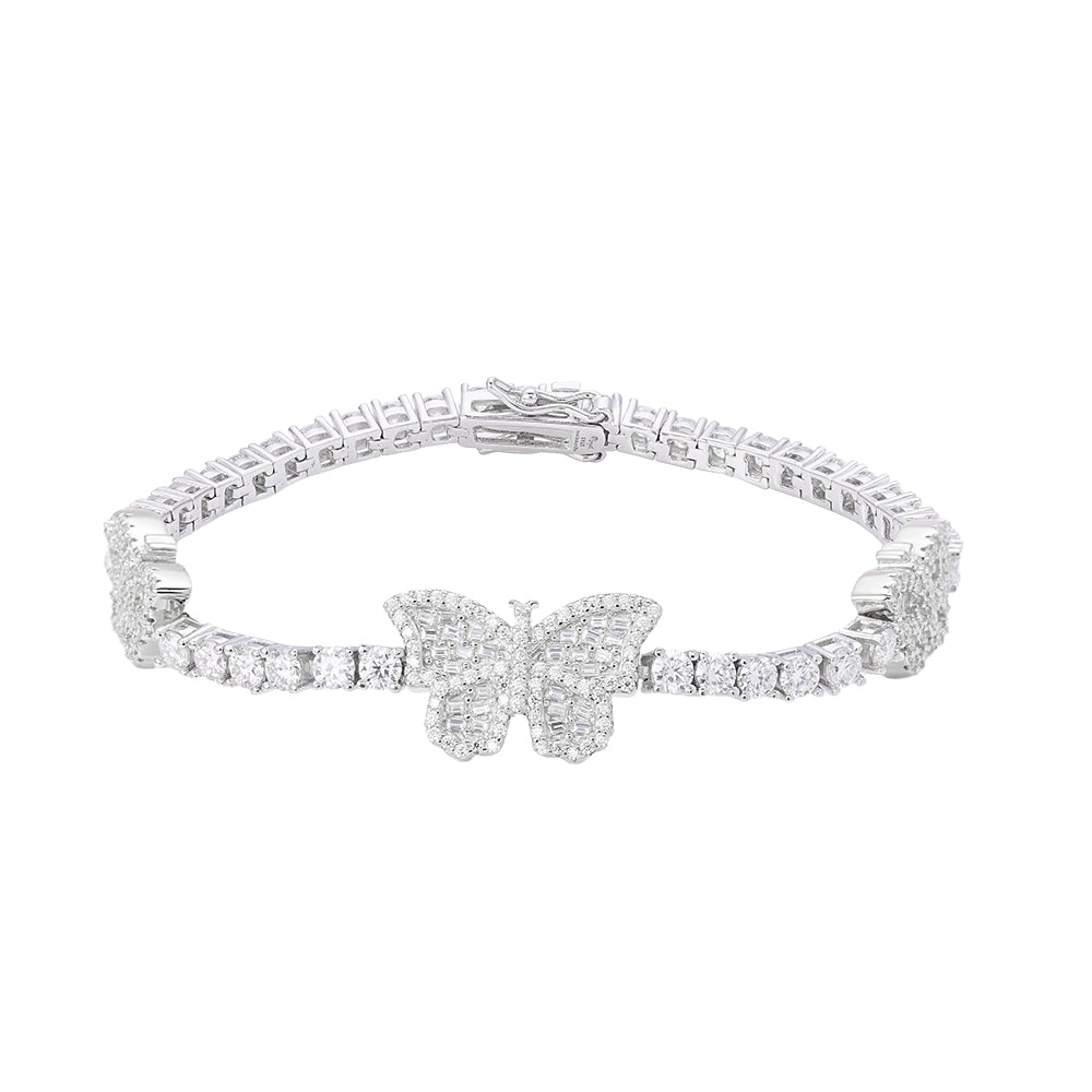 3mm Baguette Tennis Butterfly VVS D Moissanite Bracelet – 925 Sterling Silver, 14K White Gold Finish