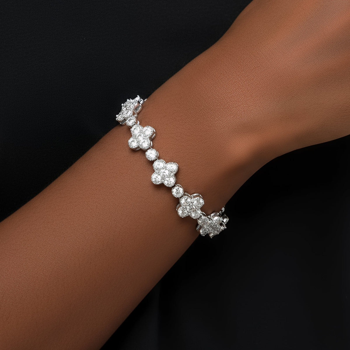 10mm Clover Flower Tennis VVS D Moissanite Bracelet – 925 Sterling Silver, 14K White Gold Finish, view 2