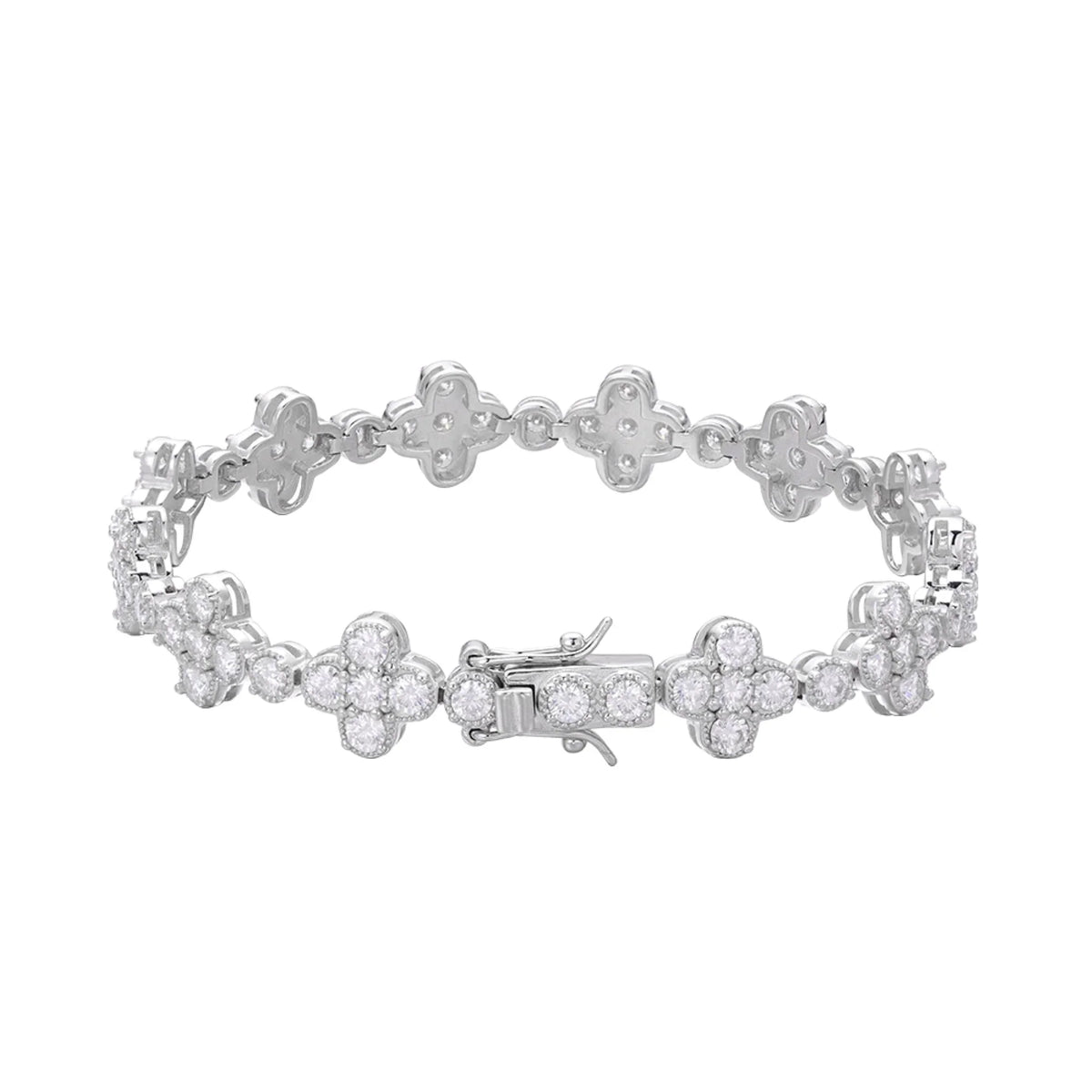 10mm Clover Flower Tennis VVS D Moissanite Bracelet – 925 Sterling Silver, 14K White Gold Finish