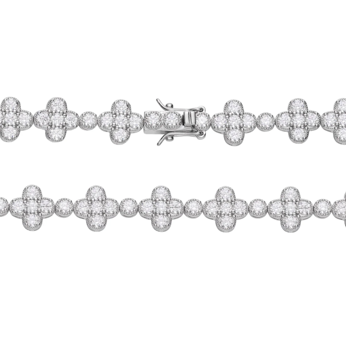 10mm Clover Flower Tennis VVS D Moissanite Bracelet – 925 Sterling Silver, 14K White Gold Finish, view 3