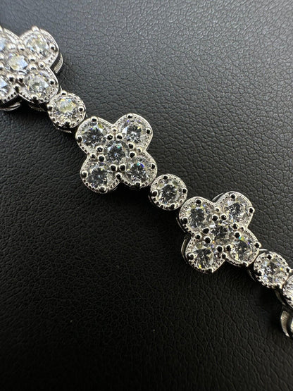 10mm Clover Flower Tennis VVS D Moissanite Bracelet – 925 Sterling Silver, 14K White Gold Finish, view 4