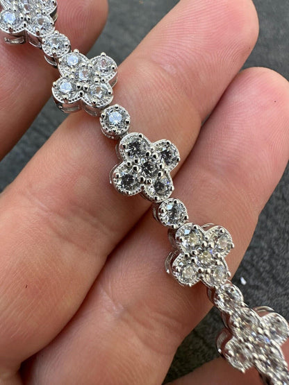 10mm Clover Flower Tennis VVS D Moissanite Bracelet – 925 Sterling Silver, 14K White Gold Finish, view 5