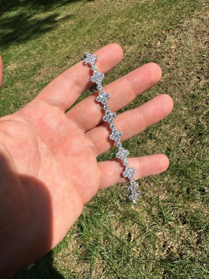 10mm Clover Flower Tennis VVS D Moissanite Bracelet – 925 Sterling Silver, 14K White Gold Finish, view 6