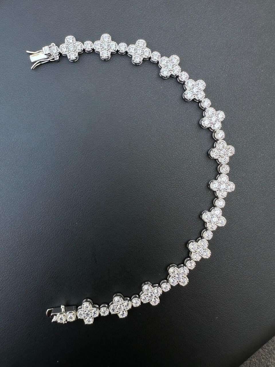 10mm Clover Flower Tennis VVS D Moissanite Bracelet – 925 Sterling Silver, 14K White Gold Finish, view 7