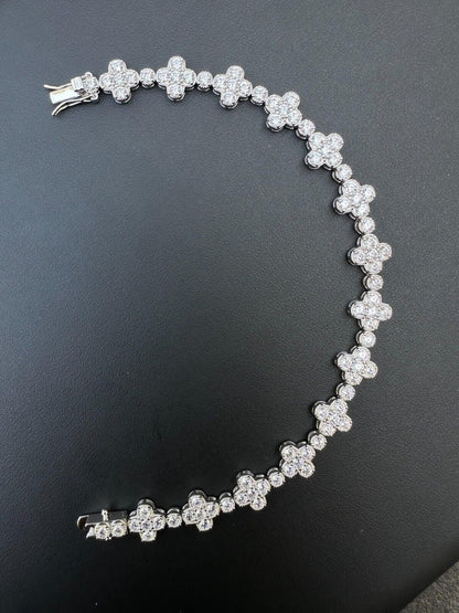 10mm Clover Flower Tennis VVS D Moissanite Bracelet – 925 Sterling Silver, 14K White Gold Finish, view 7