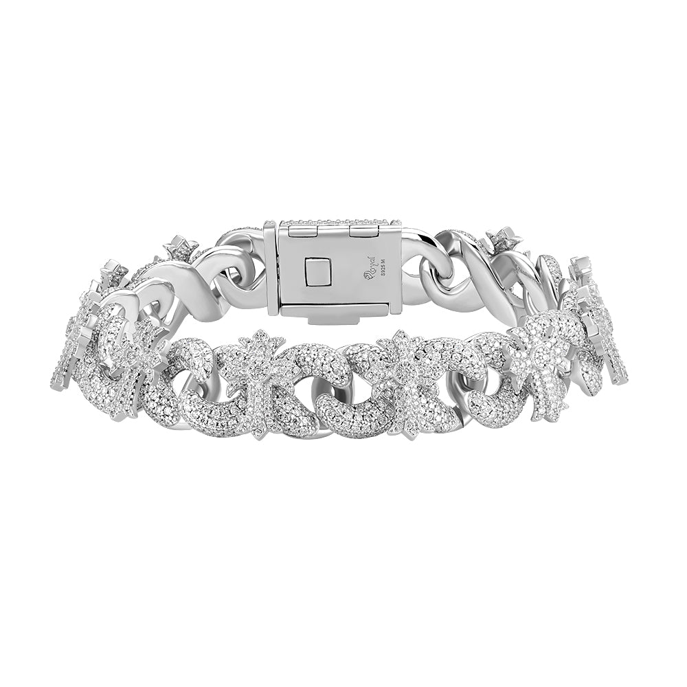 15mm Cross Cuban Link VVS D Moissanite Bracelet – 925 Sterling Silver, 14K White Gold Finish