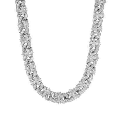 15mm Cross Cuban Link VVS D Moissanite Chain – 925 Sterling Silver, 14K White Gold Finish