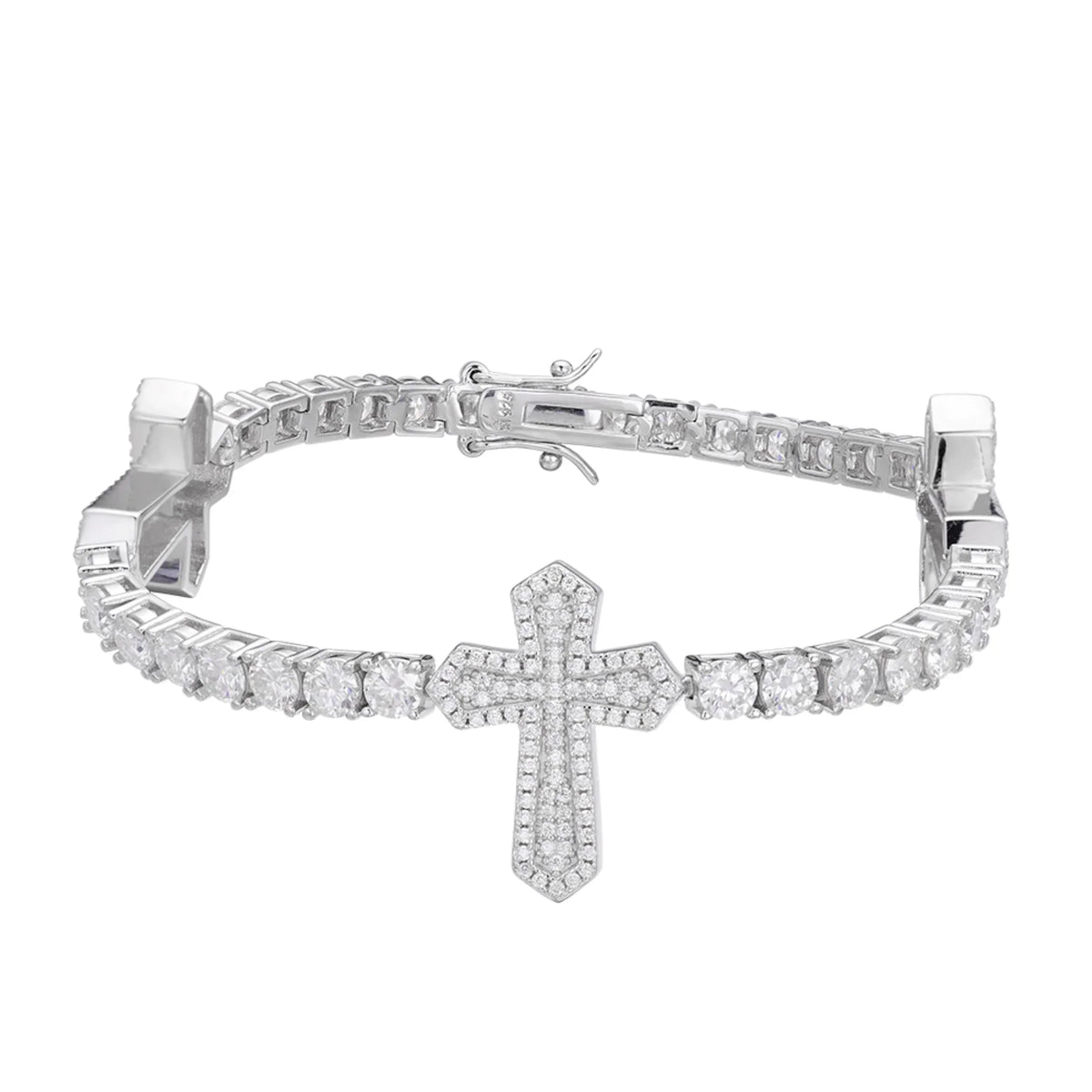 Cross One-Row Tennis VVS D Moissanite Bracelet – 925 Sterling Silver, 14K White Gold Finish
