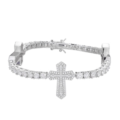 Cross One-Row Tennis VVS D Moissanite Bracelet – 925 Sterling Silver, 14K White Gold Finish
