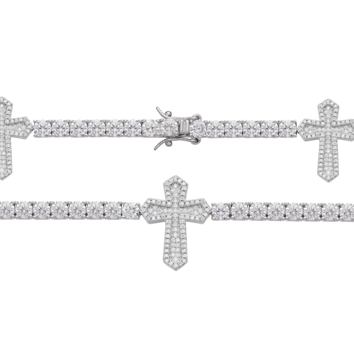 Cross One-Row Tennis VVS D Moissanite Bracelet – 925 Sterling Silver, 14K White Gold Finish, view 2