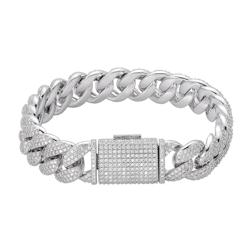 15mm Miami Cuban VVS D Moissanite Bracelet – 925 Sterling Silver, 14K White Gold Finish