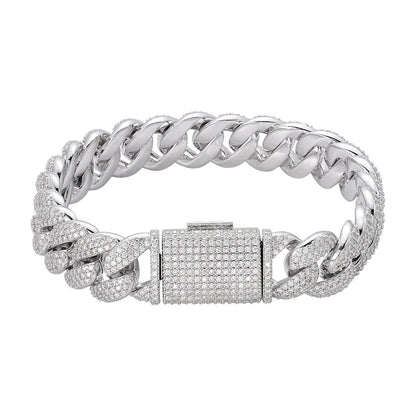15mm Miami Cuban VVS D Moissanite Bracelet – 925 Sterling Silver, 14K White Gold Finish