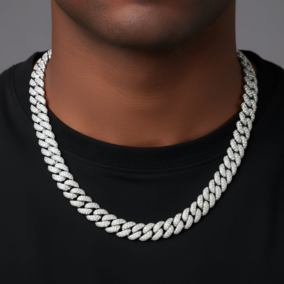 12mm Miami Cuban VVS D Moissanite Chain – 925 Sterling Silver, 14K White Gold Finish, view 2