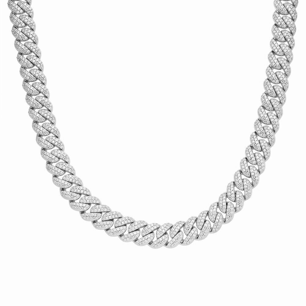 12mm Miami Cuban VVS D Moissanite Chain – 925 Sterling Silver, 14K White Gold Finish
