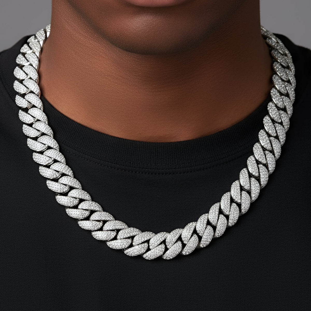 15mm Miami Cuban VVS D Moissanite Chain – 925 Sterling Silver, 14K White Gold Finish, view 2