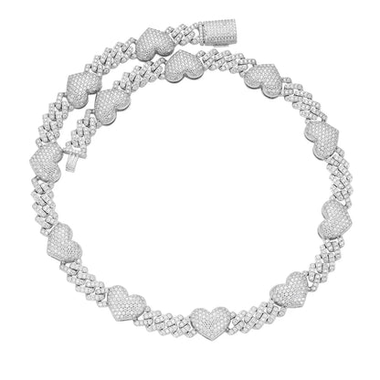 Women's 10mm Heart Cuban Link VVS D Moissanite Chain – 925 Sterling Silver, 14K White Gold Finish, view 2