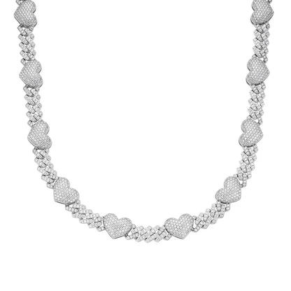 Women's 10mm Heart Cuban Link VVS D Moissanite Chain – 925 Sterling Silver, 14K White Gold Finish