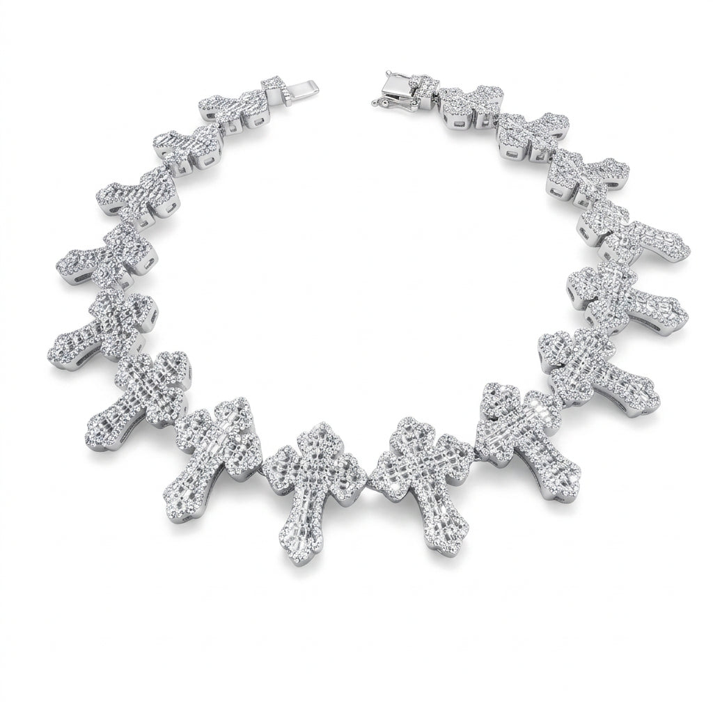 Men's Cross Link VVS D Moissanite Bracelet – 925 Sterling Silver, 14K White Gold Finish