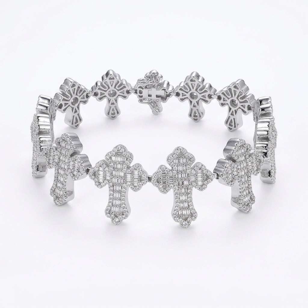 Men's Cross Link VVS D Moissanite Bracelet – 925 Sterling Silver, 14K White Gold Finish, view 2