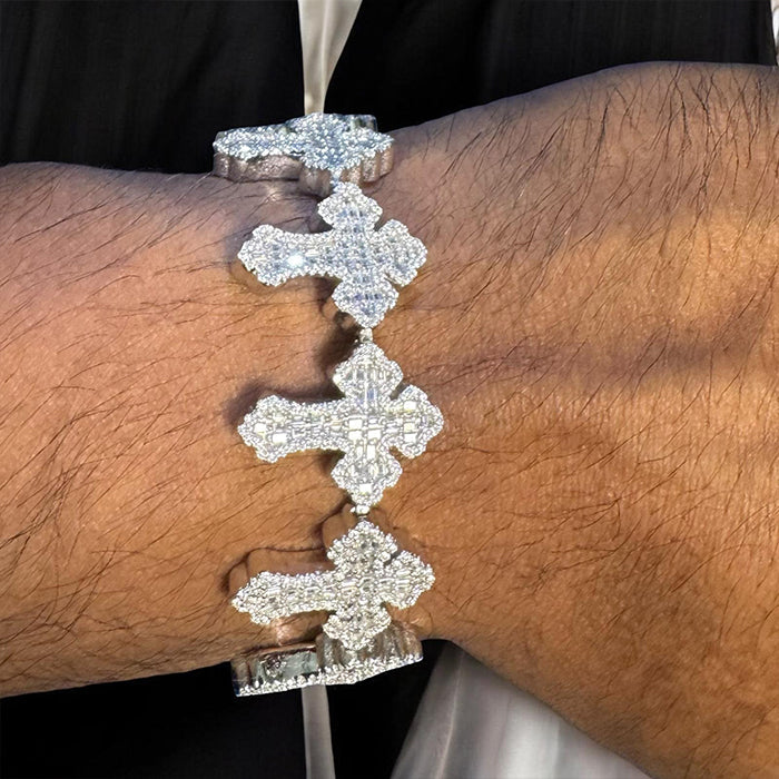 Men's Cross Link VVS D Moissanite Bracelet – 925 Sterling Silver, 14K White Gold Finish, view 7
