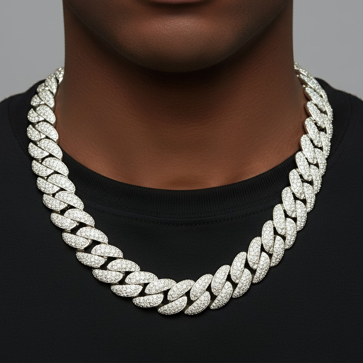 23mm Mosaic Miami Cuban VVS D Moissanite Chain – 925 Sterling Silver, 14K White Gold Finish, view 2
