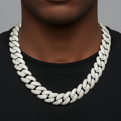 23mm Mosaic Miami Cuban VVS D Moissanite Chain – 925 Sterling Silver, 14K White Gold Finish, view 2