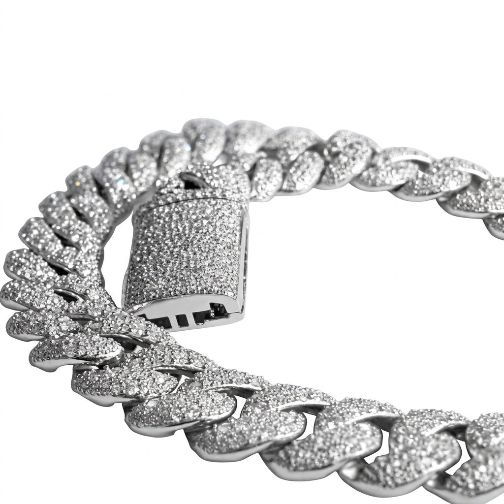 23mm Mosaic Miami Cuban VVS D Moissanite Chain – 925 Sterling Silver, 14K White Gold Finish, view 3