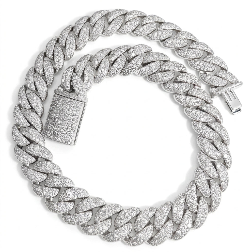 23mm Mosaic Miami Cuban VVS D Moissanite Chain – 925 Sterling Silver, 14K White Gold Finish