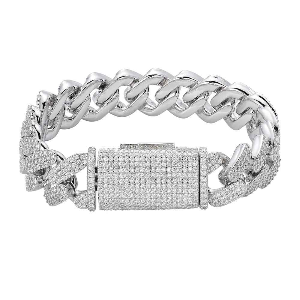 18mm Prong Set Miami Cuban VVS D Moissanite Bracelet – 925 Sterling Silver, 14K White Gold Finish