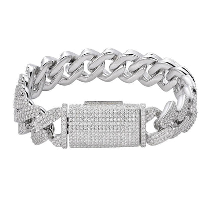 18mm Prong Set Miami Cuban VVS D Moissanite Bracelet – 925 Sterling Silver, 14K White Gold Finish