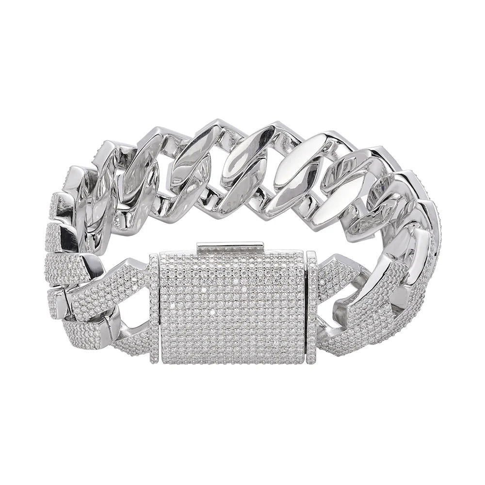 22mm Prong Set Miami Cuban VVS D Moissanite Bracelet – 925 Sterling Silver, 14K White Gold Finish