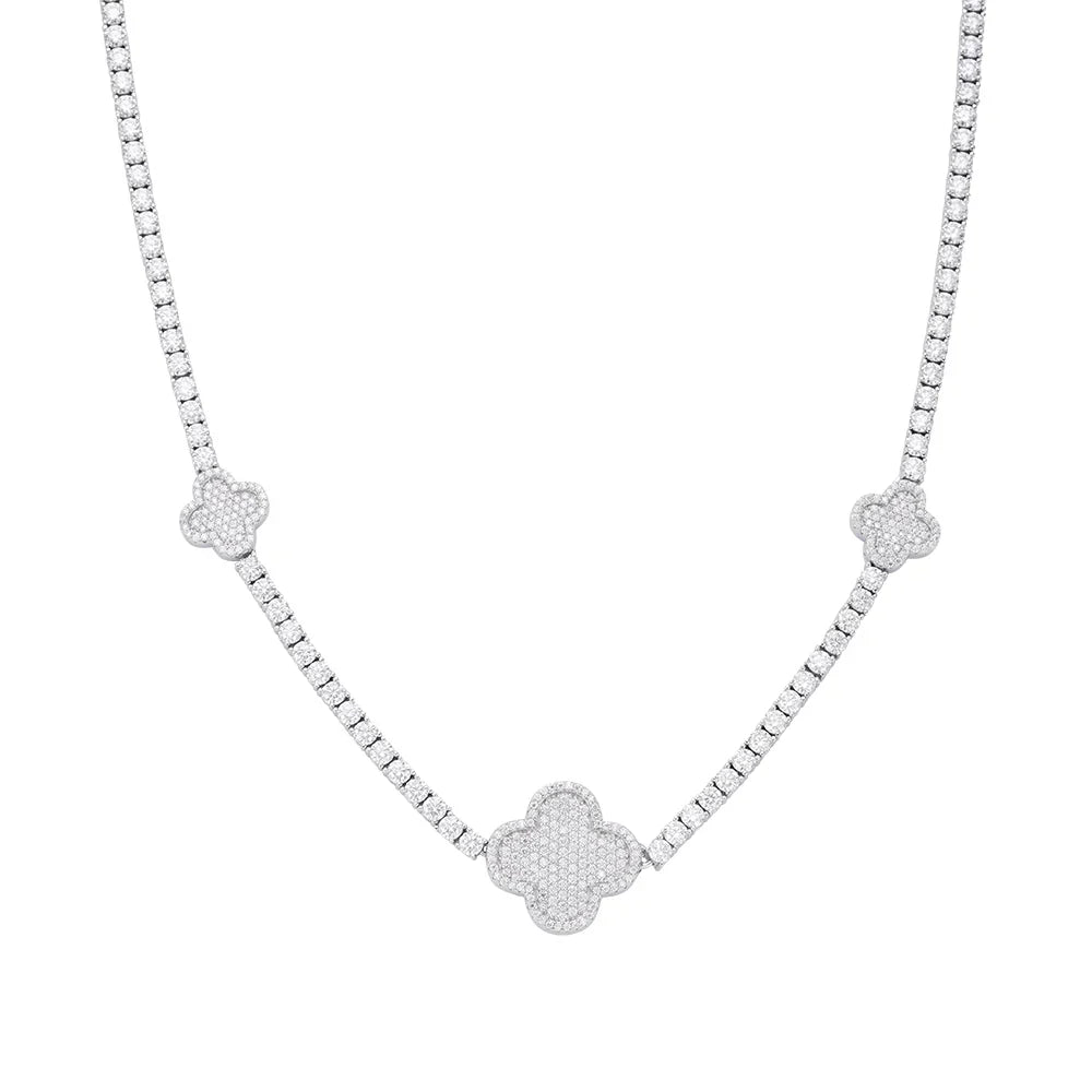 Women's Tennis & Clover VVS D Moissanite Necklace – 925 Sterling Silver, 14K White Gold Finish