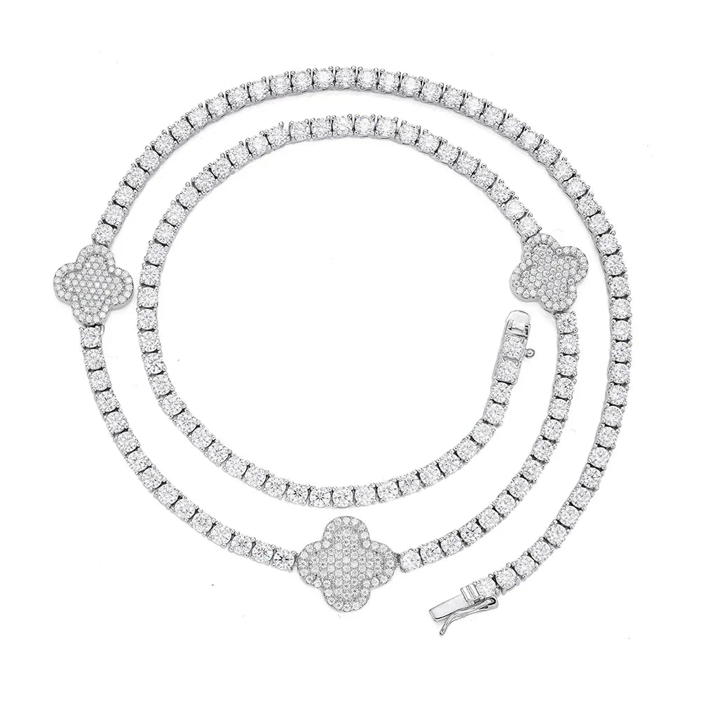 Women's Tennis & Clover VVS D Moissanite Necklace – 925 Sterling Silver, 14K White Gold Finish, view 2