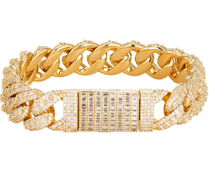 14mm Emerald-Cut Miami Cuban Moissanite Bracelet 11.2 CTW – 925 Sterling Silver, 14K Yellow Gold Finish