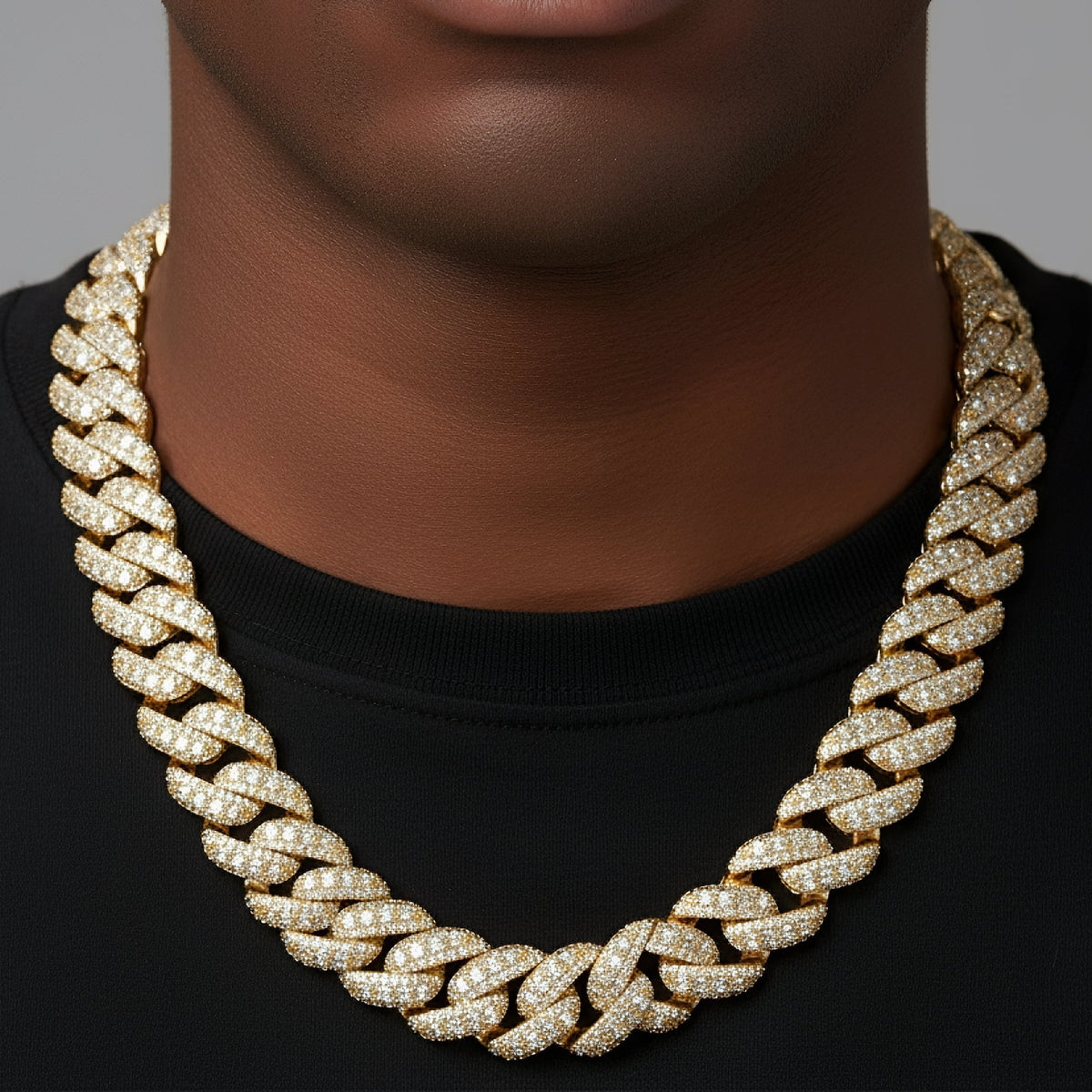 18mm Emerald-Cut Miami Cuban Moissanite Chain 27.5 CTW – 925 Sterling Silver, 14K Yellow Gold Finish, view 2