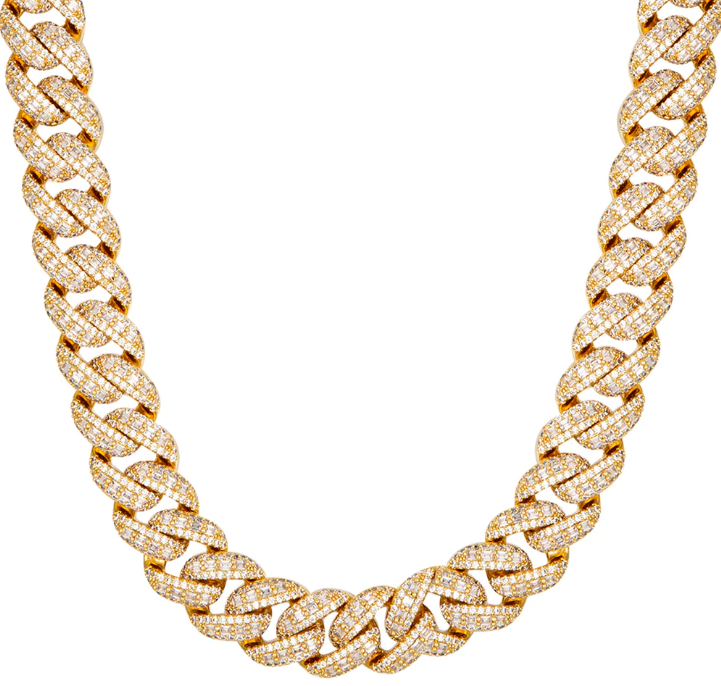 18mm Emerald-Cut Miami Cuban Moissanite Chain 27.5 CTW – 925 Sterling Silver, 14K Yellow Gold Finish