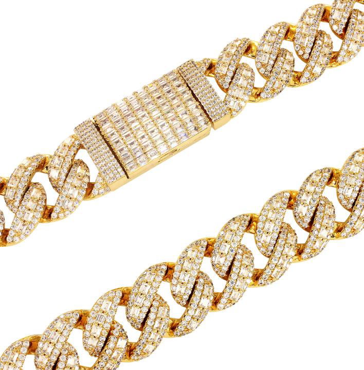 18mm Emerald-Cut Miami Cuban Moissanite Chain 27.5 CTW – 925 Sterling Silver, 14K Yellow Gold Finish, view 3