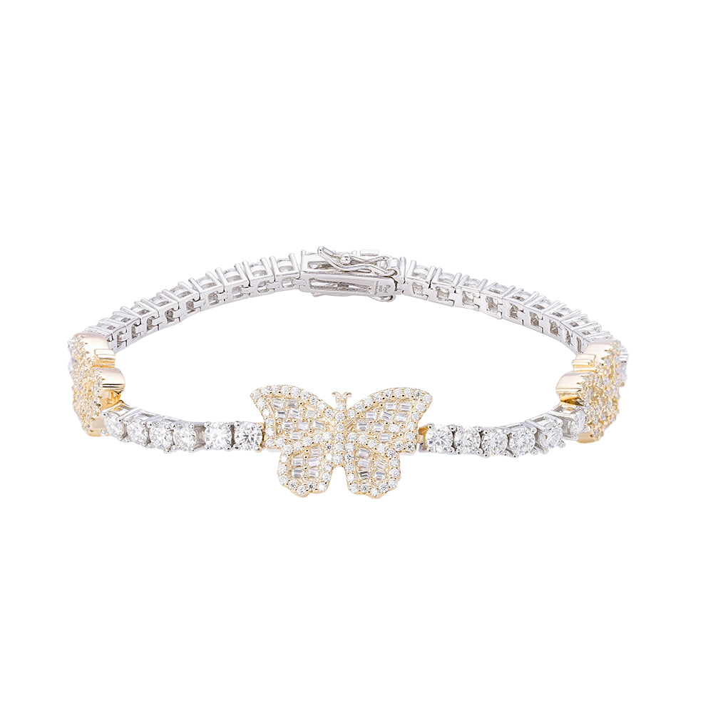 3mm Baguette Tennis Butterfly VVS D Moissanite Bracelet – 925 Sterling Silver, 14K Yellow Gold Finish